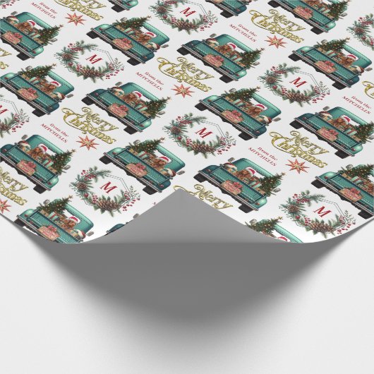 Ierse Setter Dog Retro Truck Monogram Kerstmis Cadeaupapier (Hoek)