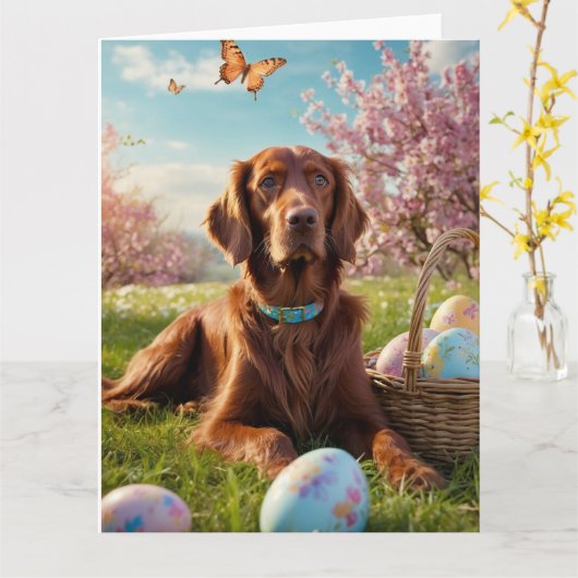 Ierse Setter Easter Eggs Kaart (Gele Bloem)