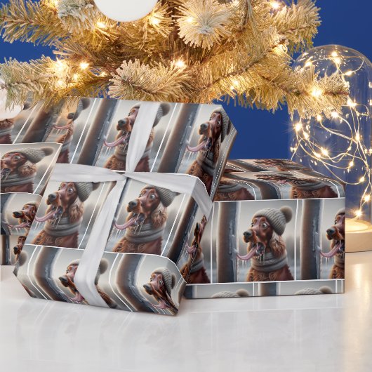 Ierse Setter hond likt een bevroren paal Cadeaupapier (Feestdagen)