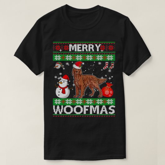 Ierse setter hond Merry Woofmas Kerstkostuum T-shirt (Design voorkant)