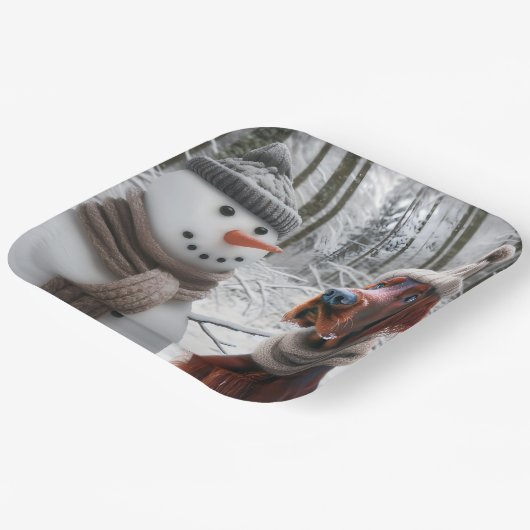 Ierse Setter Hond Met Een Sneeuwman Papieren Bordje (Gebogen)