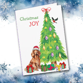 Ierse setter hond, vogel en kerstboom feestdagen kaart