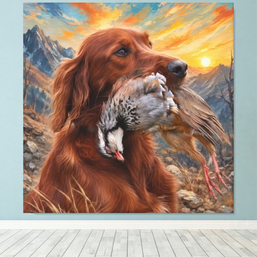 Ierse Setter met Chukar Patrijs ,Kunst Canvas Afdruk (Insitu (Houten vloer))