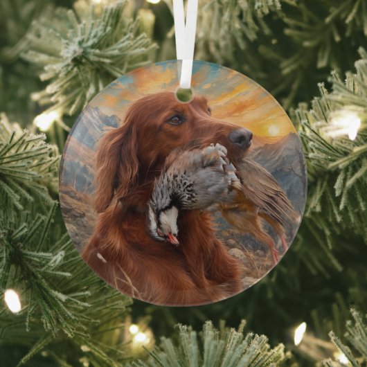 Ierse Setter met Chukar Patrijs ,Kunst Glas Ornament (Insitu)