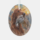Ierse Setter met Chukar Patrijs ,Kunst Glas Ornament (Voorkant links)