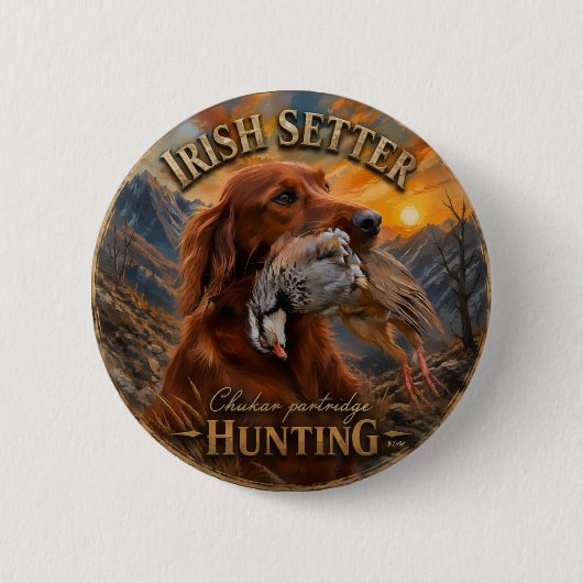 Ierse Setter met Chukar Patrijs ,Kunst  Ronde Button 5,7 Cm (Voorkant)