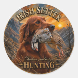 Ierse Setter met Chukar Patrijs ,Kunst Ronde Sticker