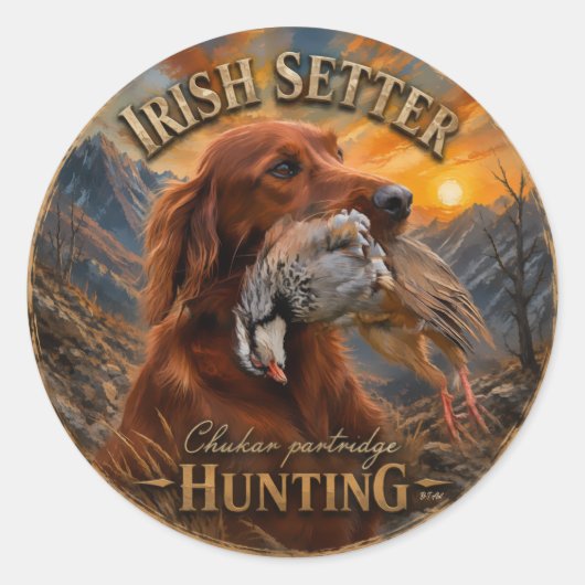 Ierse Setter met Chukar Patrijs ,Kunst Ronde Sticker (Voorkant)