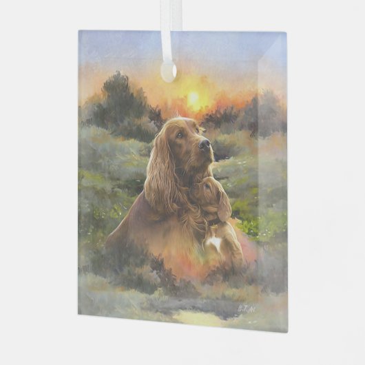 Ierse setter met puppy glas ornament (Voorkant links)