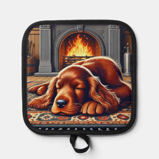 Ierse Setter Puppy Slapen bij een warme open haard Pannenlap (Voorkant)