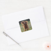Ierse Setter Rent met een Stok Vierkante Sticker (Envelop)