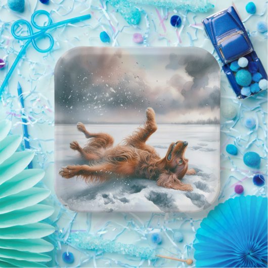 Ierse Setter rolt in de sneeuw Papieren Bordje (Feest)