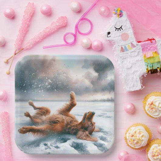 Ierse Setter rolt in de sneeuw Papieren Bordje (Feest)