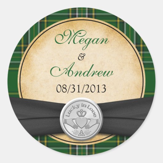 Ierse Tartan Keltische Claddagh Lucky Bruiloft Ronde Sticker (Voorkant)