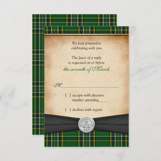 Ierse Tartan Keltische Claddagh Lucky Bruiloft RSV RSVP Kaartje (Voorkant / Achterkant)