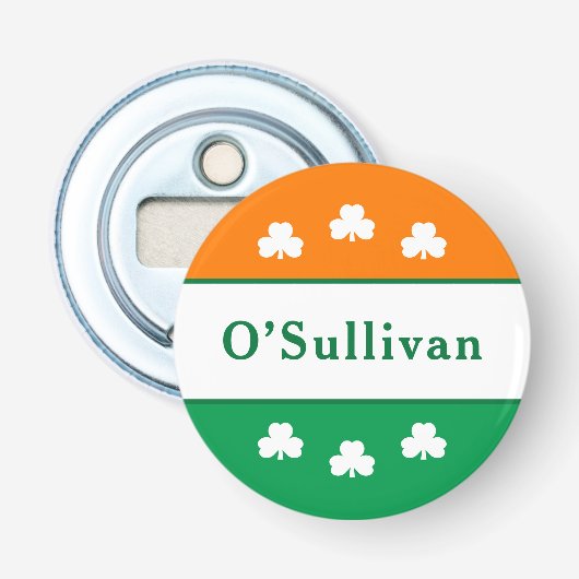 Ierse Vlag Shamrock Monogram Achternaam Button Flesopener (Voorkant)