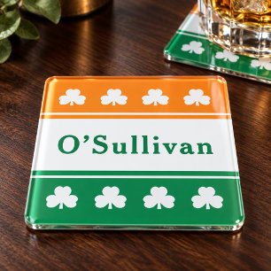 Ierse Vlag Shamrock Monogram Familienaam Glazen Onderzetter