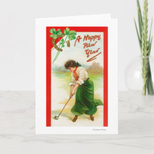 Ierse Vrouw ongeveer om Golfball te raken Feestdagen Kaart