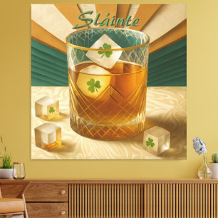 Ierse Whiskey Tumbler Shamrock Ijs "Sláinte!" Canvas Afdruk