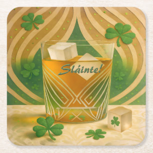 Ierse Whiskey Tumbler "Sláinte!" met Shamrock Kartonnen Onderzetters