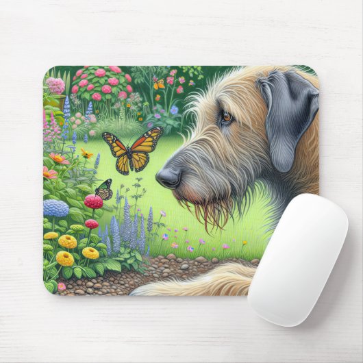 Ierse wolfshond kijken naar een vlinder muismat (Met muis)