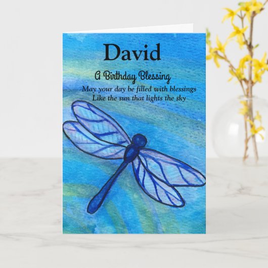 Ierse zegen Verjaardag Brave Blue Dragonfly Kaart (Gele Bloem)