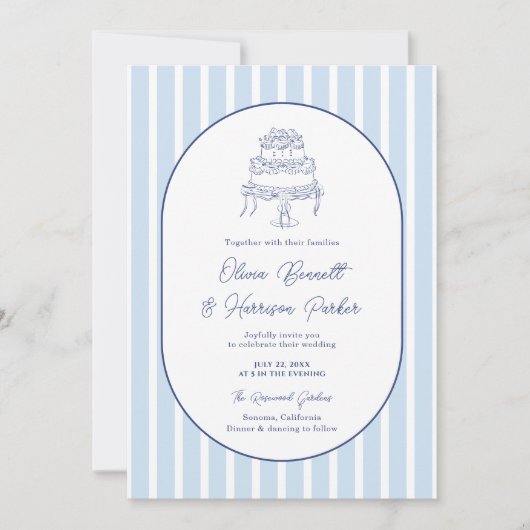 Iets Blau Handgetekende Cake Stripe Bruiloft Kaart (Voorkant)