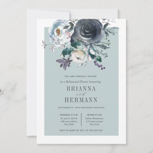 Iets blauw | Bloem bruiloft repetitie diner Kaart (Voorkant)