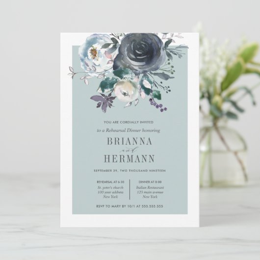 Iets blauw | Bloem bruiloft repetitie diner Kaart (Staand voorkant)