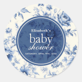 Iets blauw Bloemen Frans Toile Baby shower Ronde Sticker