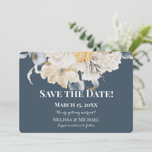 IETS BLAUW Bloemen- Horizontale BRUILOFT Save The Date (Staand voorkant)