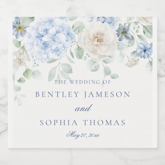 Iets blauw bloemen hortensia bruiloft sparkling wijnetiket (Enkel label)