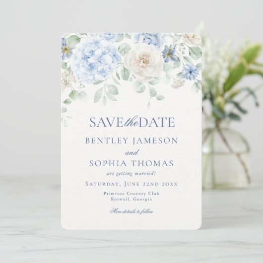 Iets Blauw Bloemen Hortensia Save the Date Kaart (Staand voorkant)