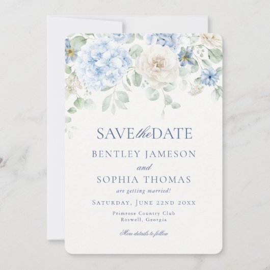 Iets Blauw Bloemen Hortensia Save the Date Kaart (Voorkant)