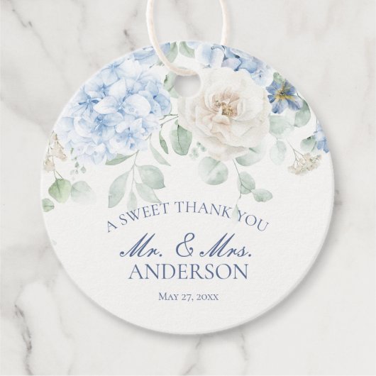 Iets Blauw Bloemen Hydrangea Trouwcirkel Bedankjes Labels (Voorkant)