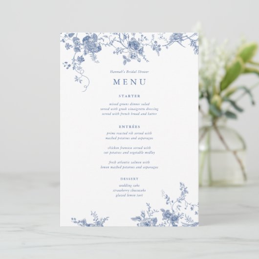 Iets blauw bloemenbruiloft tafel Menu Kaarten (Staand voorkant)