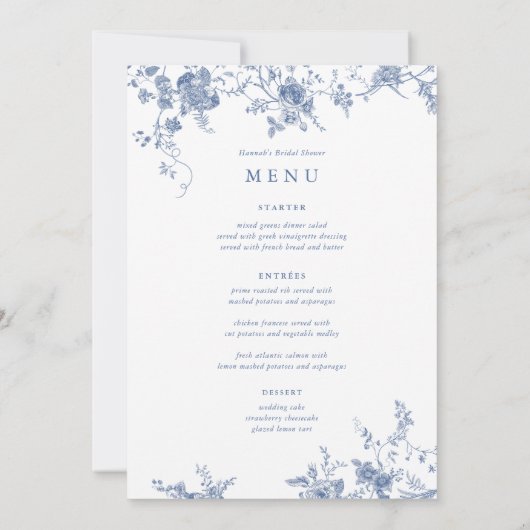 Iets blauw bloemenbruiloft tafel Menu Kaarten (Achterkant)