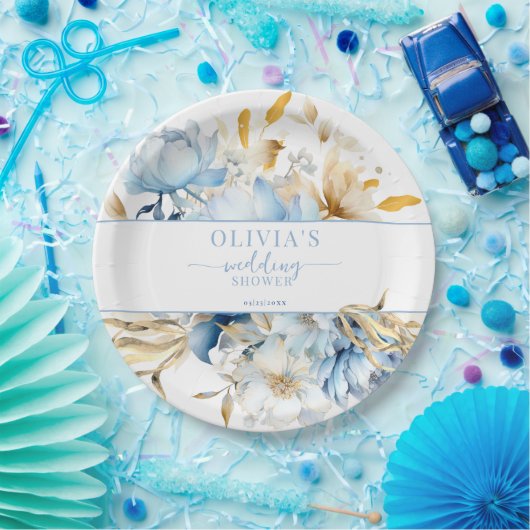 Iets blauw bloemengoud bruiloft douche papieren bordje (Feest)