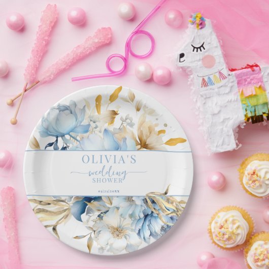 Iets blauw bloemengoud bruiloft douche papieren bordje (Feest)