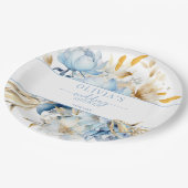 Iets blauw bloemengoud bruiloft douche papieren bordje (Gekanteld)