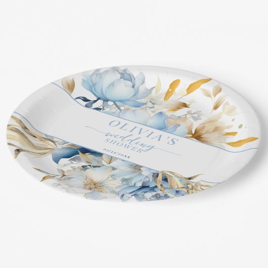Iets blauw bloemengoud bruiloft douche papieren bordje (Gekanteld)