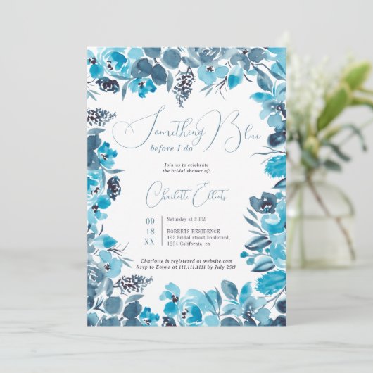 Iets blauw bloemenwaterverf vrijgezellenfeest kaart (Staand voorkant)