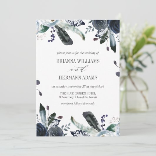 Iets blauw | Boho Chic Botanical bruiloft Kaart (Staand voorkant)