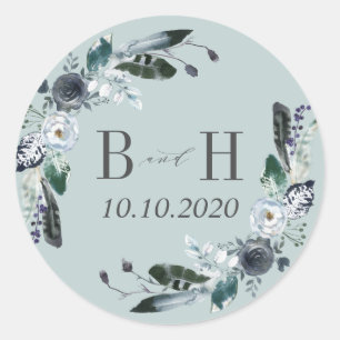 Iets blauw   Boho Chic Monogram Bruiloft Ronde Sticker