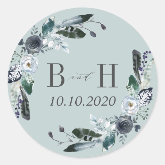 Iets blauw | Boho Chic Monogram Bruiloft Ronde Sticker (Voorkant)