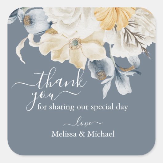 IETS BLAUW Bruiloft Dank u op Blue Square Vierkante Sticker (Voorkant)
