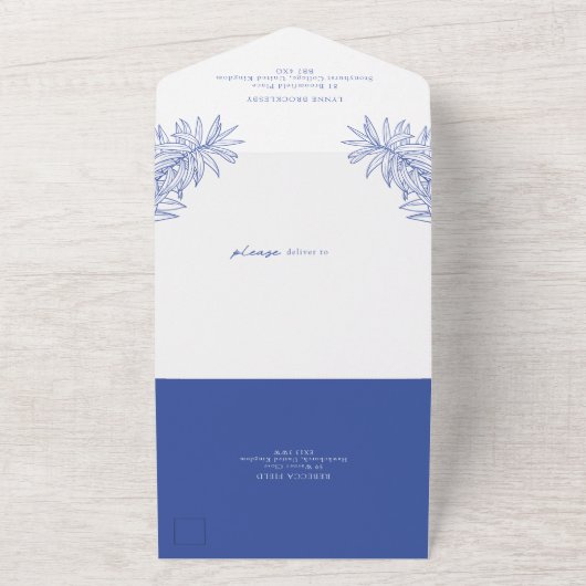 Iets blauw eenvoudig botanisch all in one uitnodiging (Buitenkant)