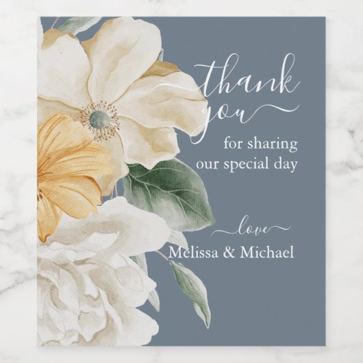 IETS BLAUW - Elegant Bloemen op Blauwe Bruiloft Wijn Etiket (Enkel label)