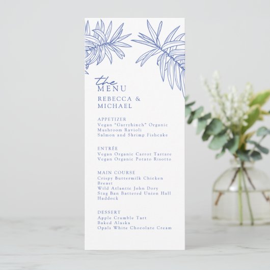 Iets blauw Elegant Botanisch Trouwmenu (Staand voorkant)
