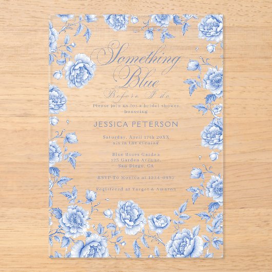 Iets blauw Elegant Chinoiserie Vrijgezellenfeest Acryl Uitnodigingen (Voorkant)